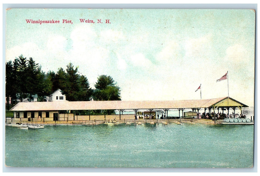 c1950's Winnipesaukee Pier Lake River Boats Passengers Flags Weirs NH Postcard