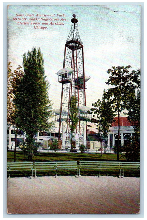 1908 Sans Souci Amusement Park Electric Tower Scene Chicago Illinois IL Postcard