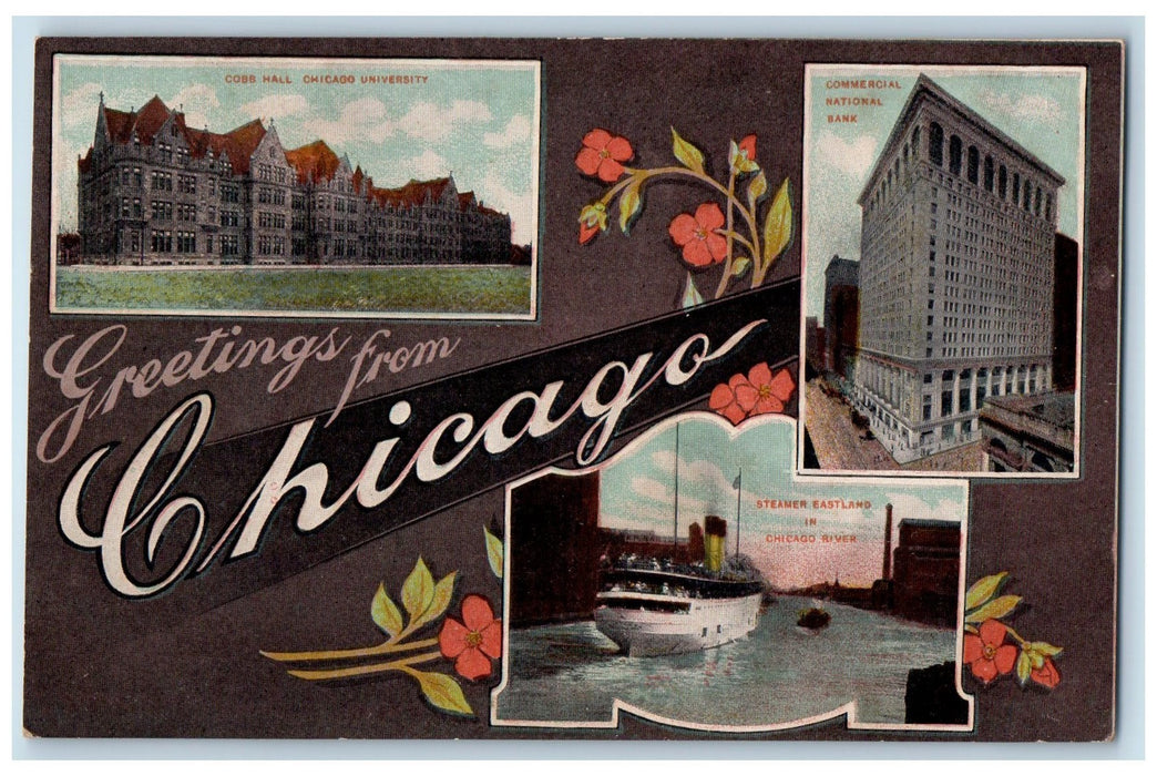 c1910's  Greetings From Chicago Cobb Hall Steamer Eastland Chicago IL Postcard