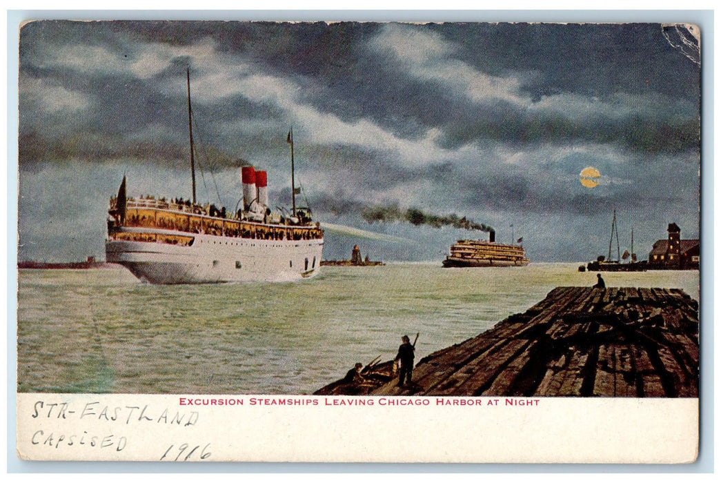 c1910's Excursion Steamships Leaving Chicago Harbor At Night IL Posted Postcard