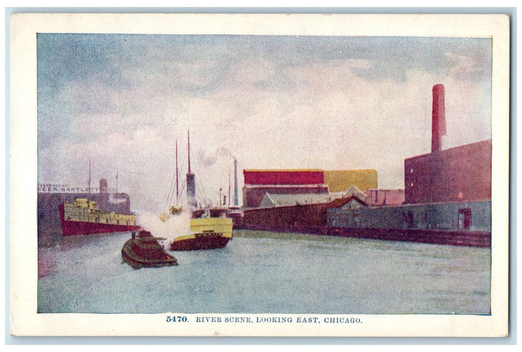 c1910's River Scene Looking East Chicago Illinois IL Unposted Steamship Postcard