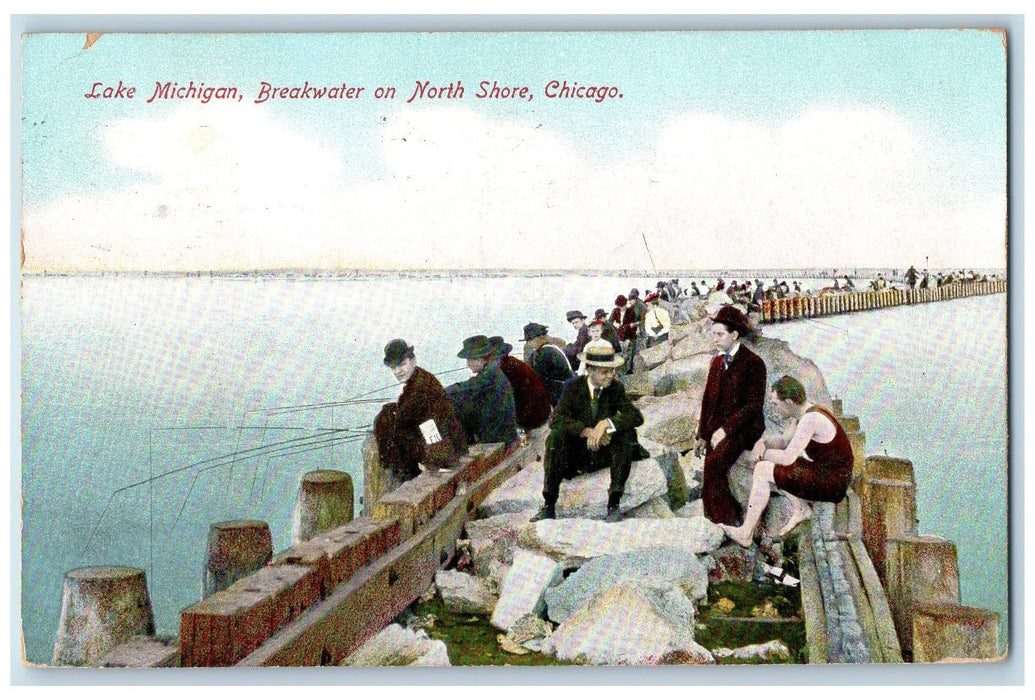 1909 Lake Michigan Breakwater On North Shore Illinois IL Posted Fishing Postcard