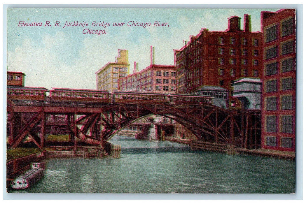 c1910's Elevated Railroad Jackknife Bridge Over Chicago Illinois IL Postcard