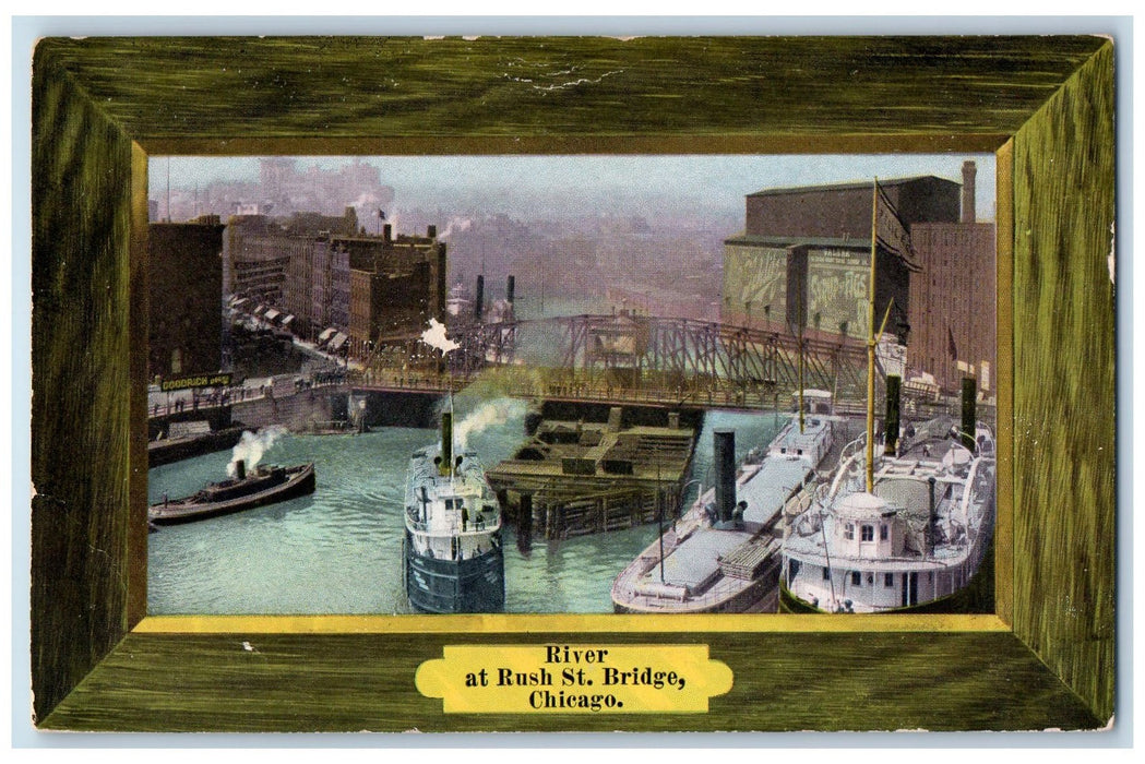 c1910's River At Rush St. Bridge Chicago Illinois IL Posted Steamships Postcard