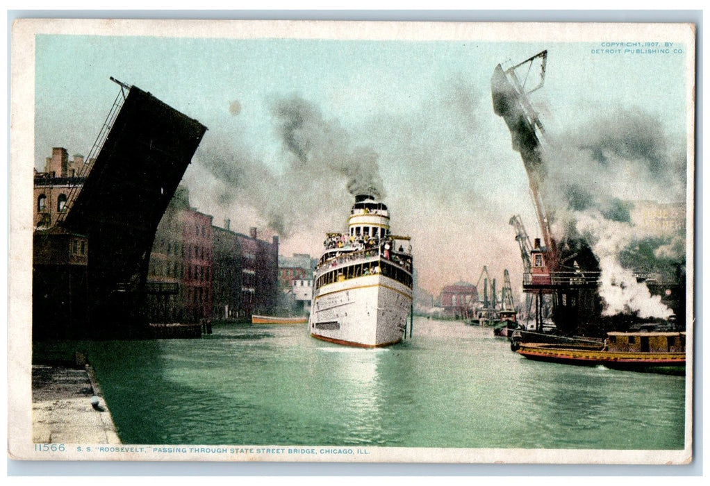 c1910's Steamship Roosevelt Passing Through Bridge Chicago Illinois IL Postcard