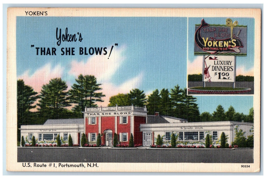 c1950 Yoken's Thar She Blows View Restaurant Portsmouth NH Advertising Postcard
