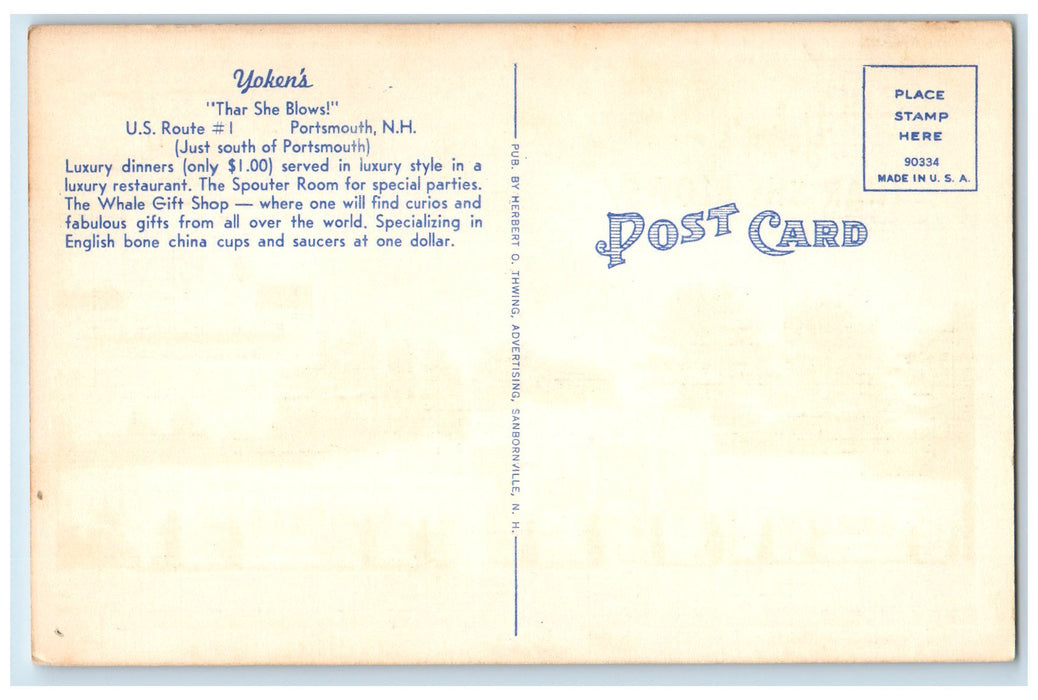 c1950 Yoken's Thar She Blows View Restaurant Portsmouth NH Advertising Postcard