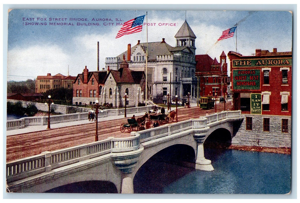 c1910's East Fox Street Bridge City Hall Post Office Aurora Illinois IL Postcard