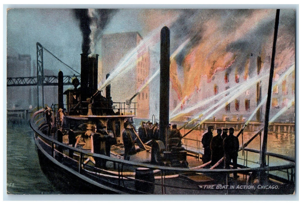 c1910's Fire Boat In Action Scene Chicago Illinois IL Unposted Vintage Postcard