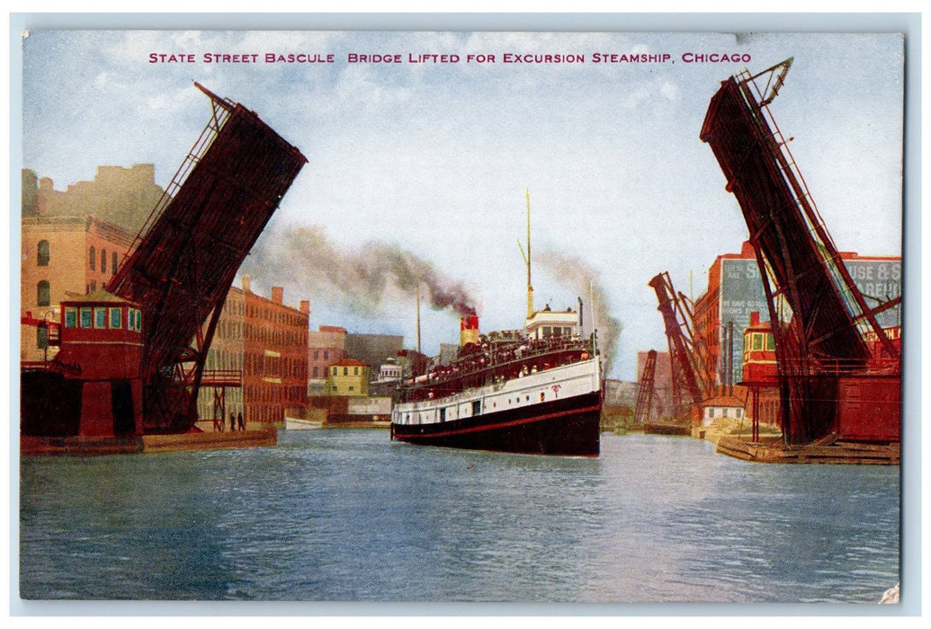c1910s State St. Bascule Bridge Lifted Excursion Steamship Chicago IL Postcard
