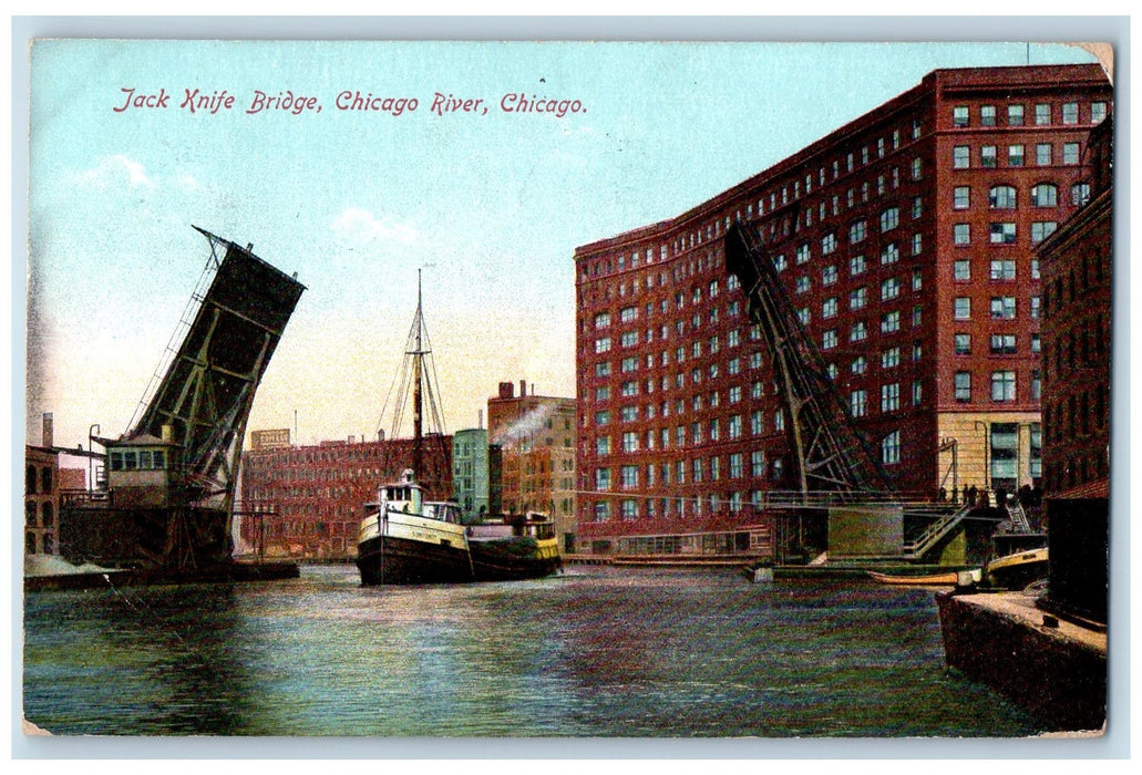 1909 Jack Knife Bridge Chicago River Chicago Illinois IL Posted Vintage Postcard