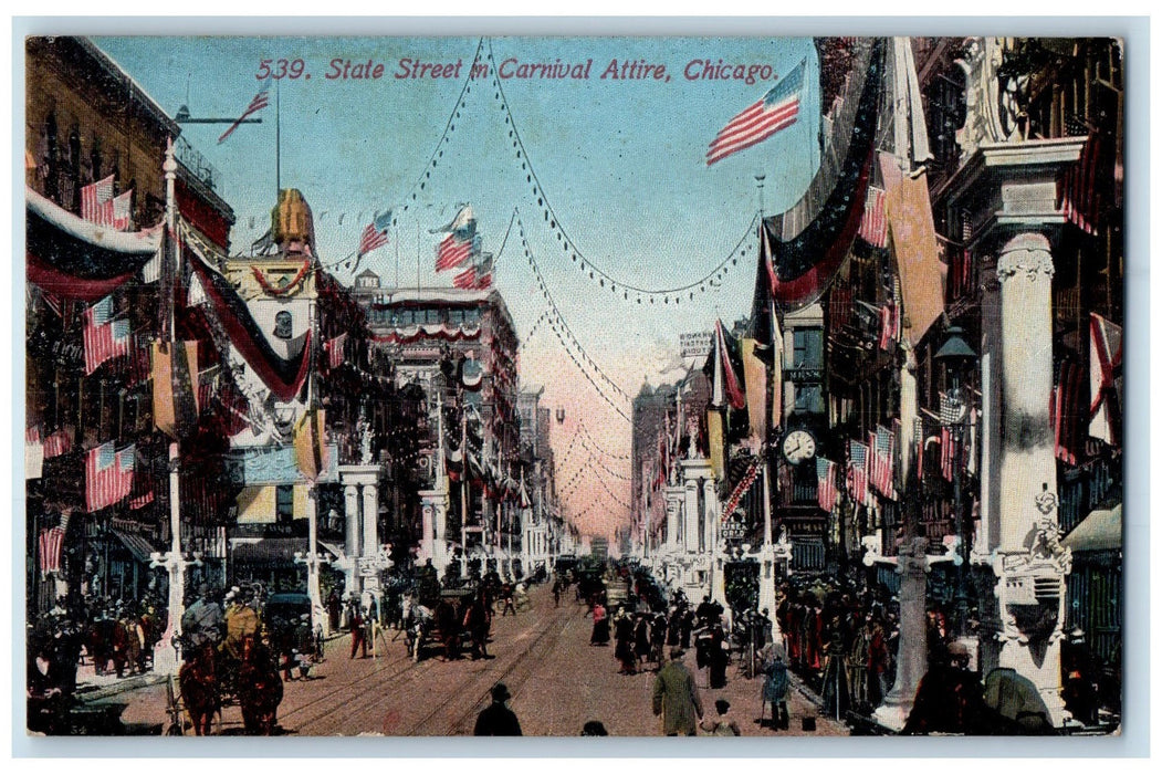1913 State Street In Carnival Attire Carriage Chicago Illinois IL Flags Postcard