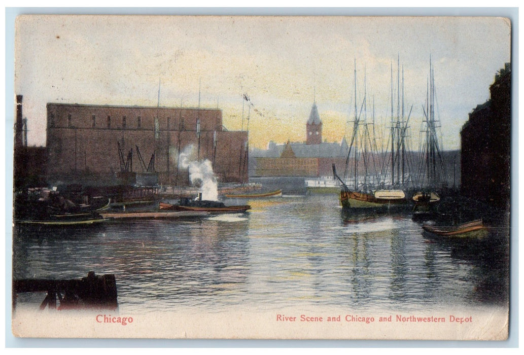 1906 River Scene And Chicago And Northwestern Depot Chicago Illinois IL Postcard