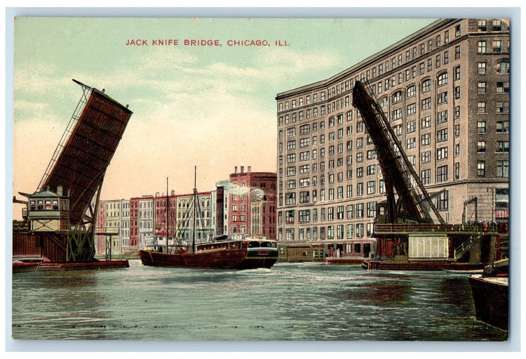 c1910's Jack Knife Bridge Steamship Scene Chicago Illinois IL Unposted Postcard