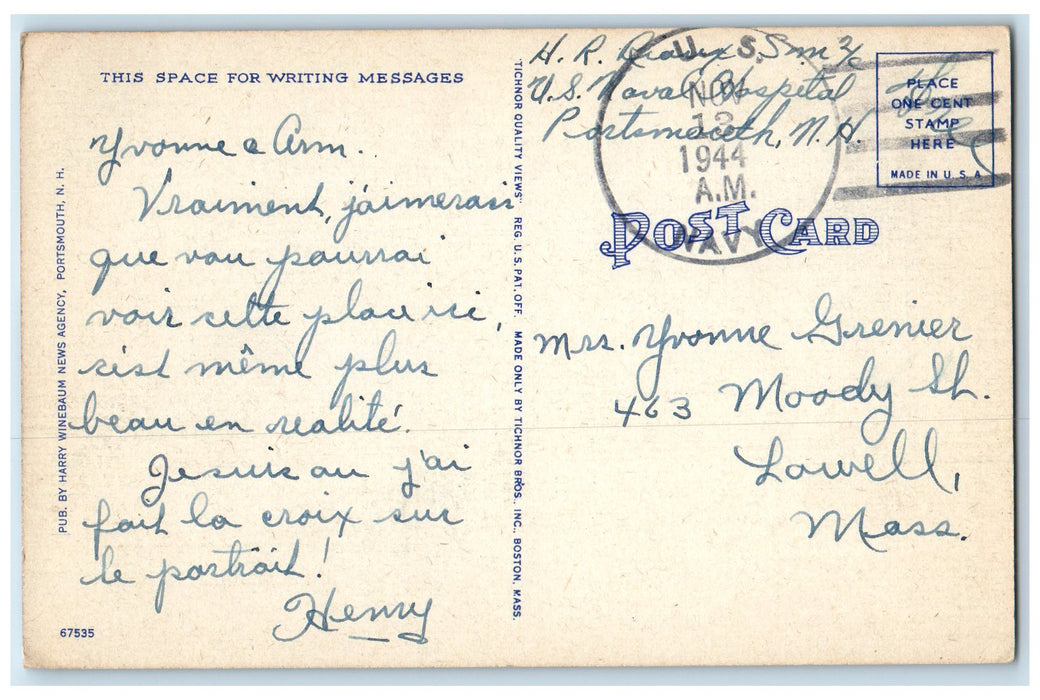 c1950's Naval Hospital Building View Lake Portsmouth New Hampshire NH Postcard