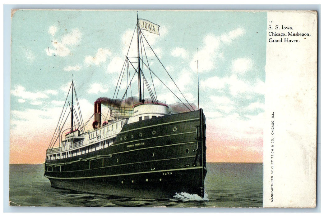 1908 Steamship Iowa Chicago Muskegon Grand Haven Illinois IL Posted Postcard