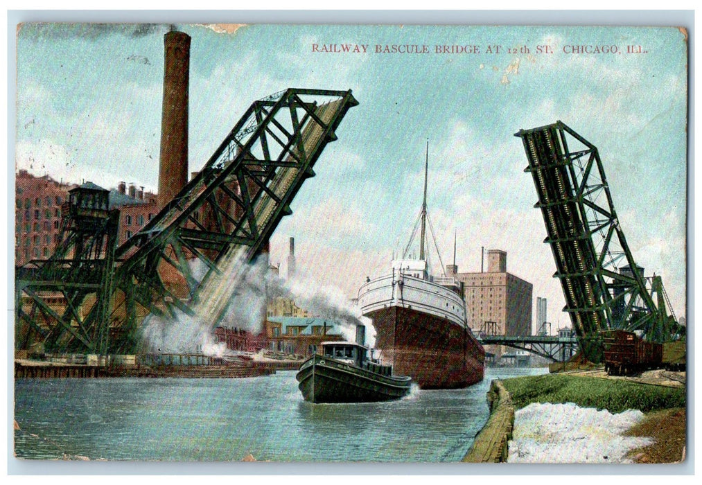 1908 Railway Bascule Bridge At 12th St. Chicago Illinois IL Steamship Postcard