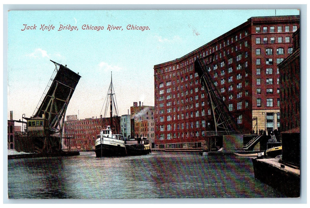 c1910's Jack Knife Bridge Chicago River Illinois IL Unposted Steamship Postcard