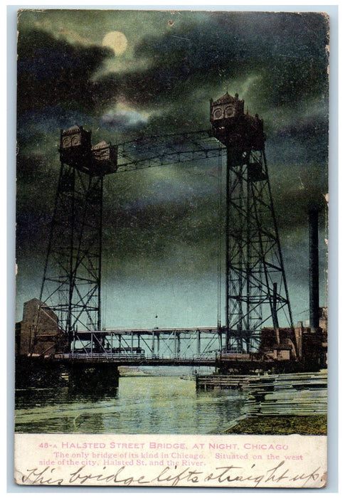 1909 Halsted Street Bridge At Night Moonlight Scene Chicago Illinois IL Postcard