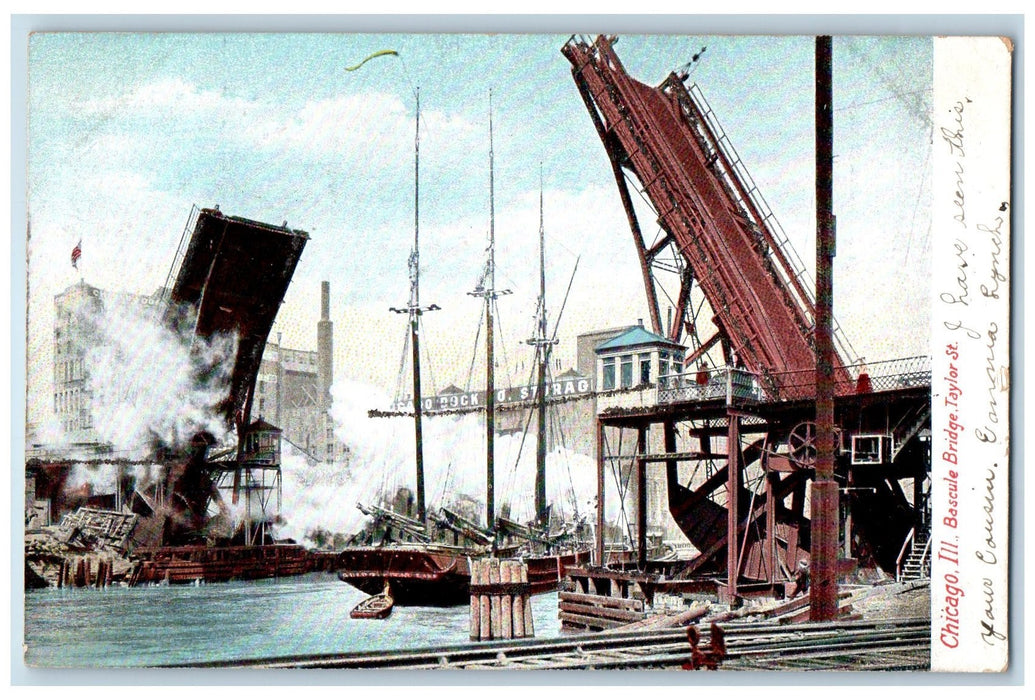 1906 Bascule Bridge Taylor St. Chicago Illinois IL Posted Steamship Postcard