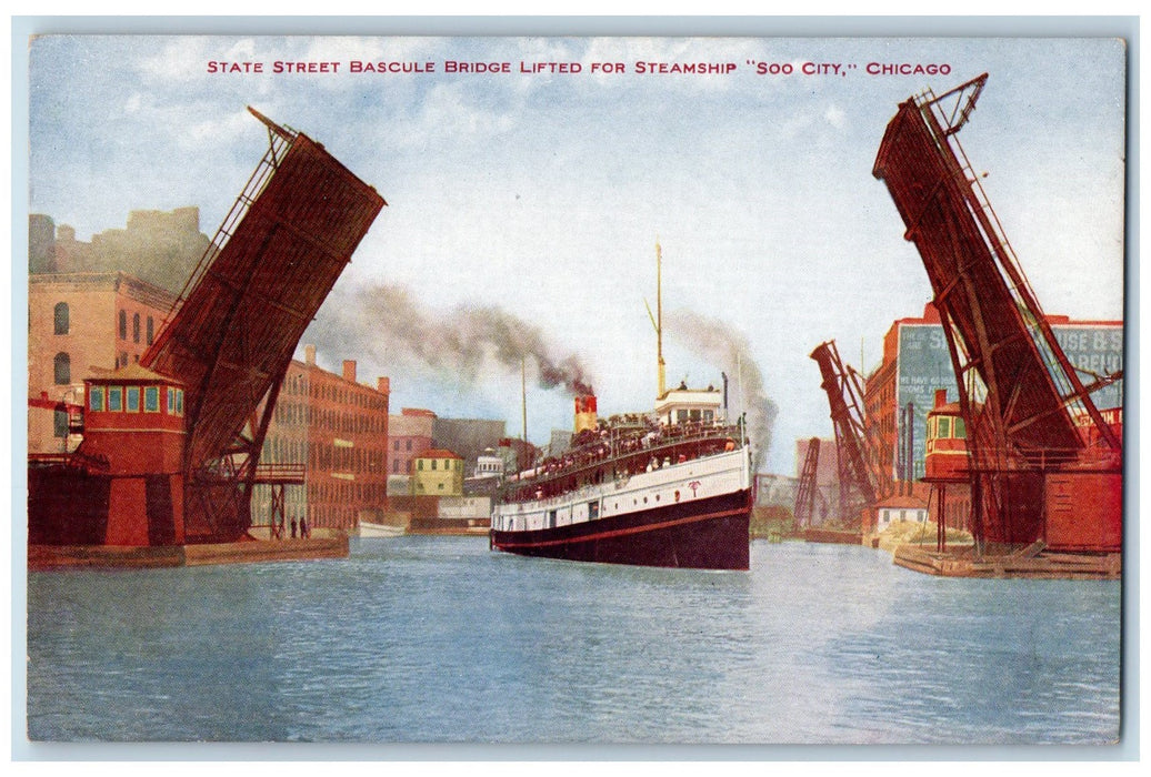 c1910's State Street Bascule Bridge Lifted For Steamship Chicago IL Postcard