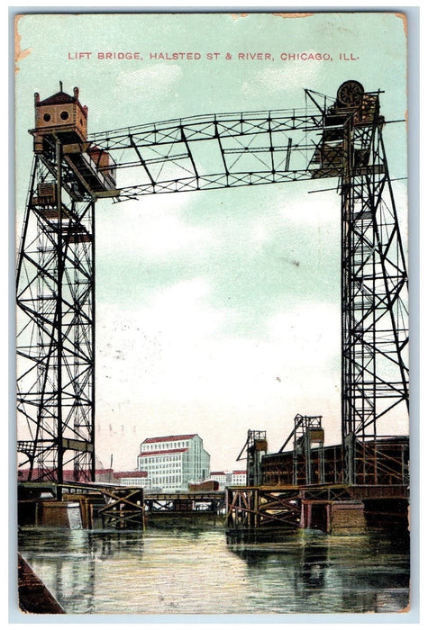 1908 Lift Bridge Halsted St. And River Scene Chicago Illinois IL Posted Postcard