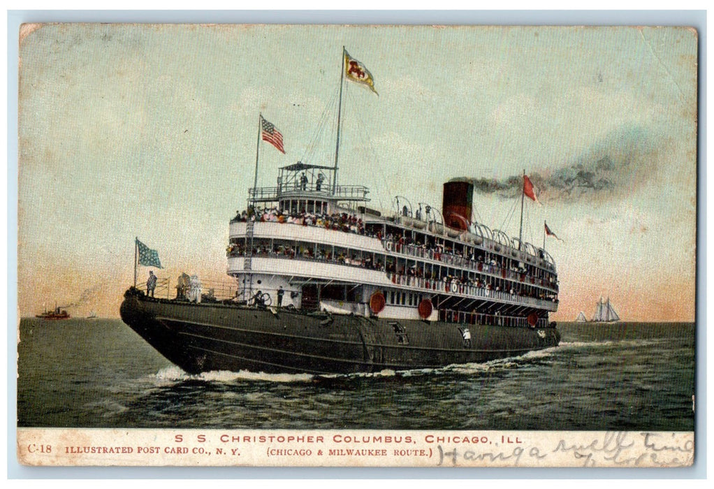 1907 Steamship Christopher Columbus Scene Chicago Illinois IL Posted Postcard