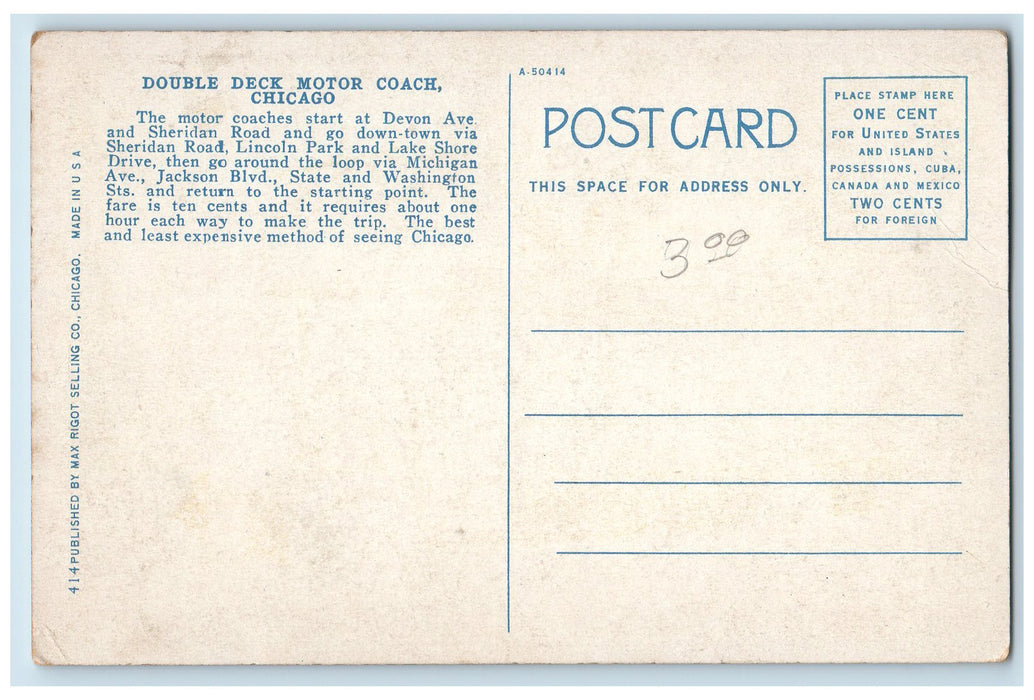 c1940's Double Deck Motor Coach Chicago Illinois IL Unposted Motorbus Postcard