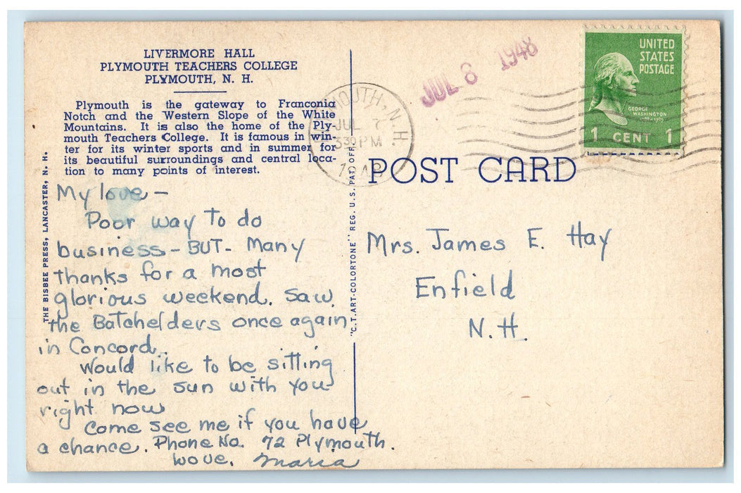 1948 Livermore Hall Teachers College Building Tower Clock Plymouth NH Postcard