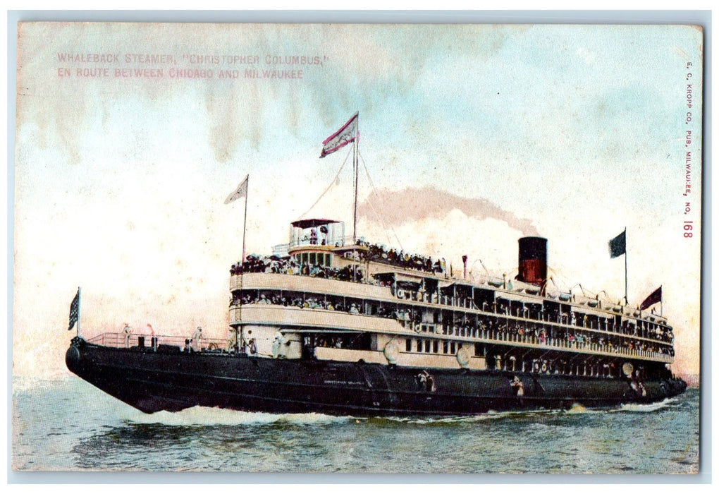 c1910's Whaleback Steamer Christopher Columbus View Chicago Illinois IL Postcard