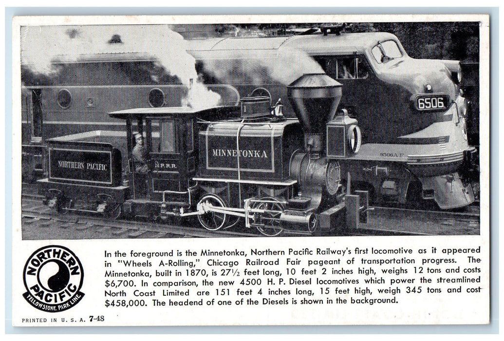 c1950's Minnetonka Northern Pacific Railway First Locomotive Chicago IL Postcard