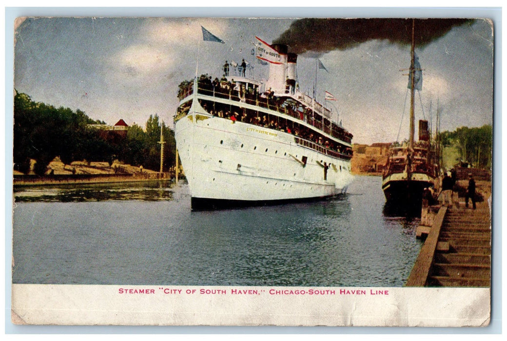 c1910's Steamer City Of South Haven Scene Chicago Illinois IL Boats Postcard