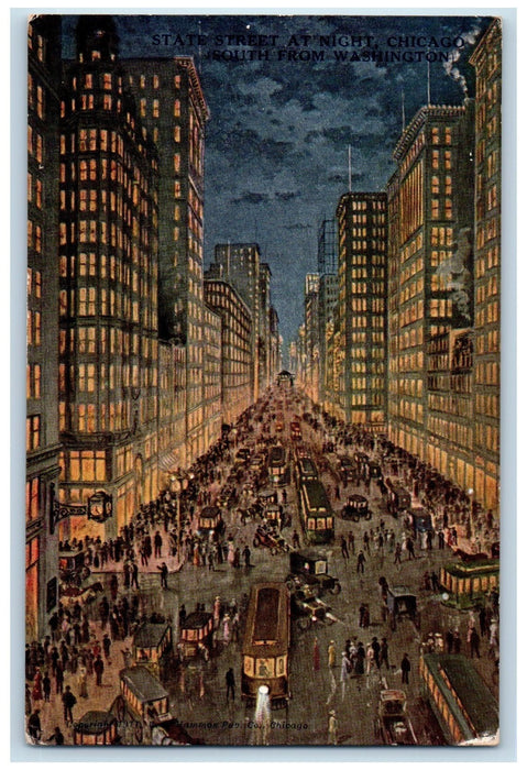 c1940's State Street At Night South From Washington Chicago Illinois IL Postcard