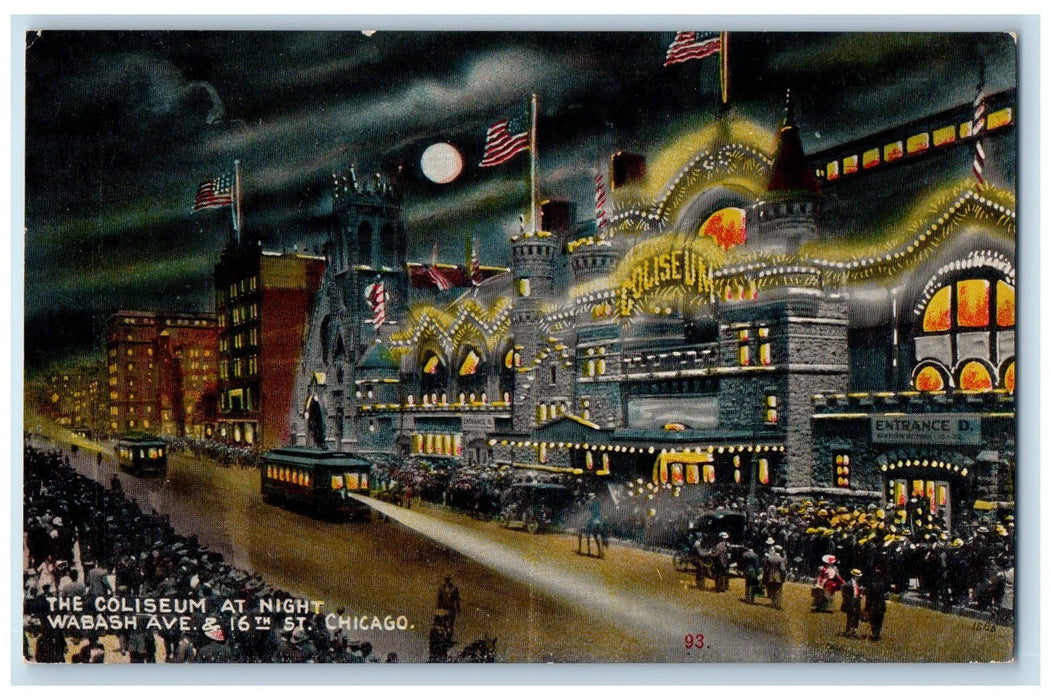 c1940's The Coliseum At Night Wabash Ave. Chicago Illinois IL Unposted Postcard