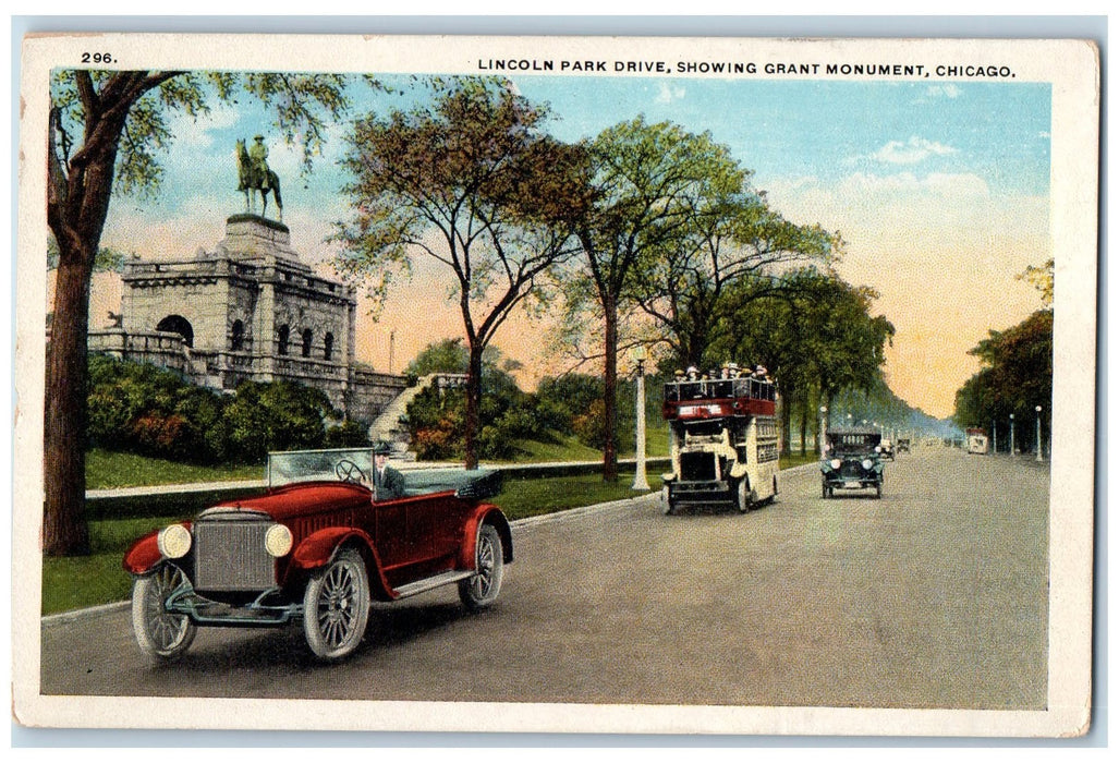 c1910's Lincoln Park Drive Showing Grant Monument Chicago IL Motorbus Postcard