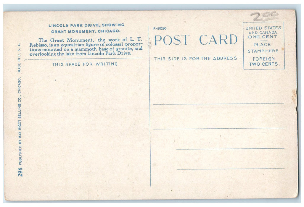 c1910's Lincoln Park Drive Showing Grant Monument Chicago IL Motorbus Postcard