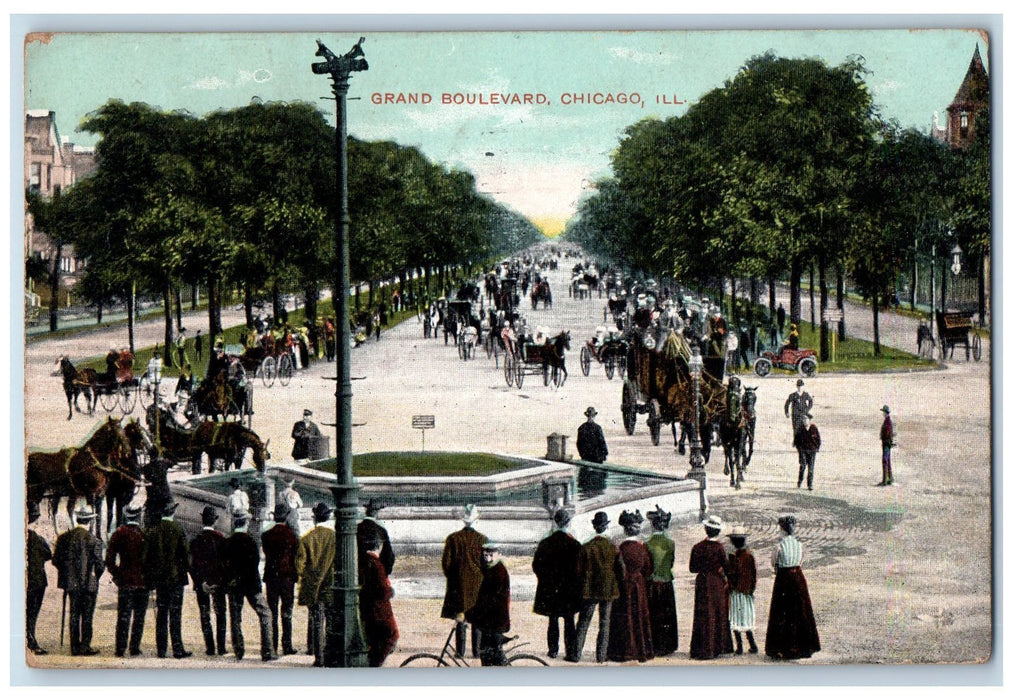 1908 Grand Boulevard Horse People Scene Chicago IL Unposted Lamppost Postcard