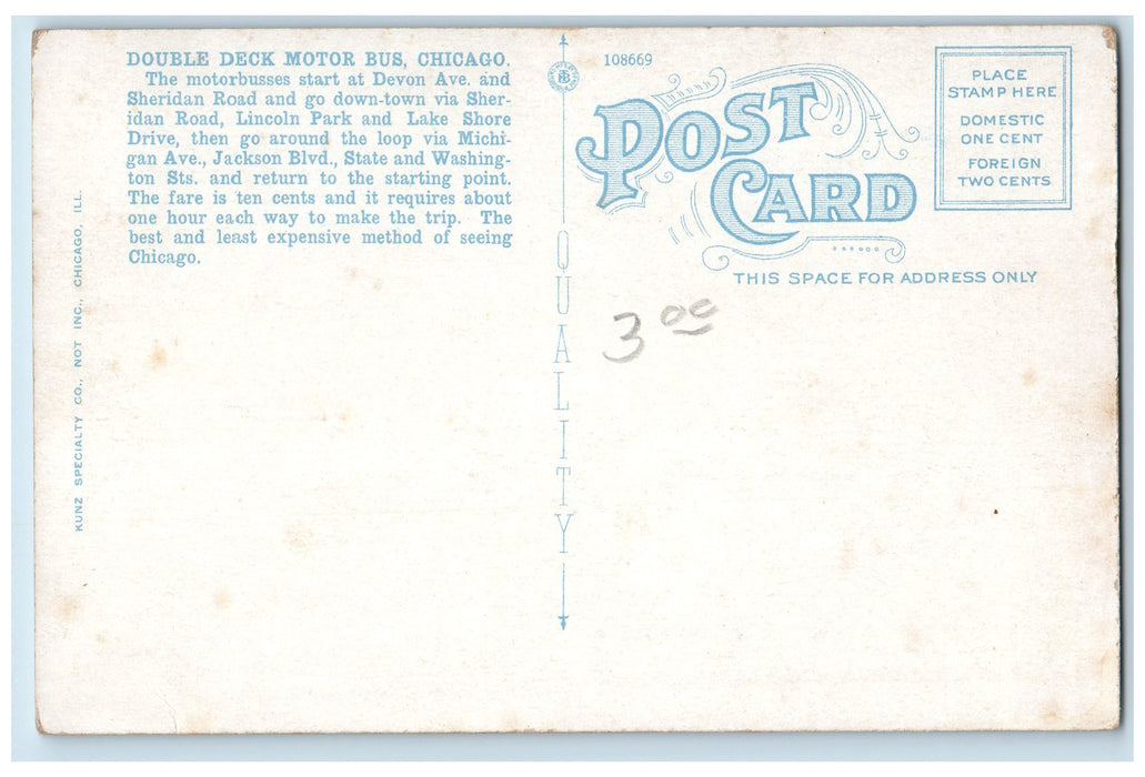 c1910's Double Deck Motorbus At Devon Ave. Chicago Illinois IL Unposted Postcard