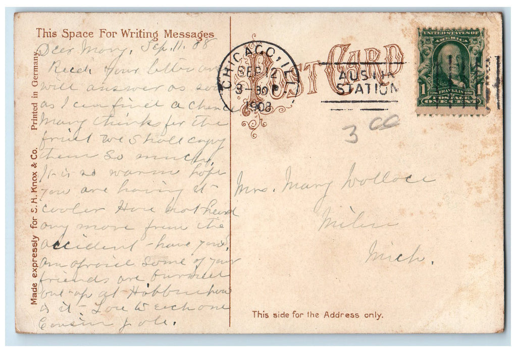 1908 Michigan Avenue Carriage Scene Chicago Illinois IL Posted Vintage Postcard