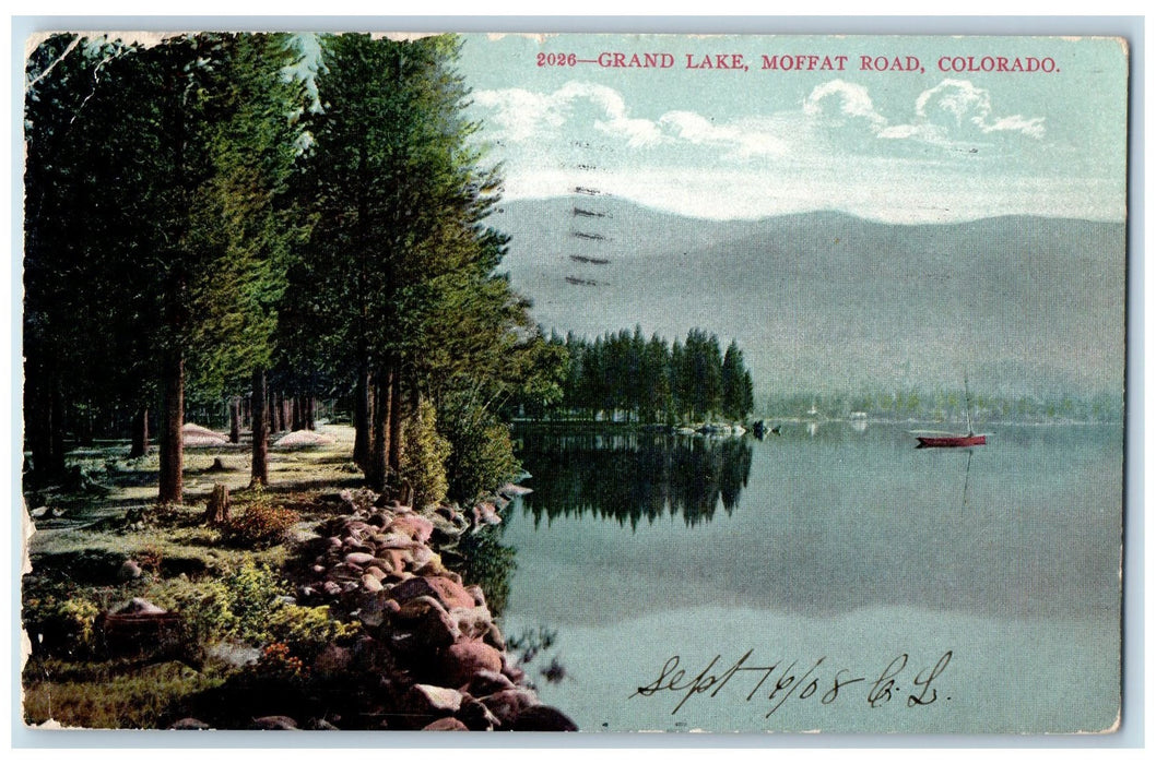 1908 Grand Lake Boat Grove Mountains Stony Side Moffat Road Colorado CO Postcard