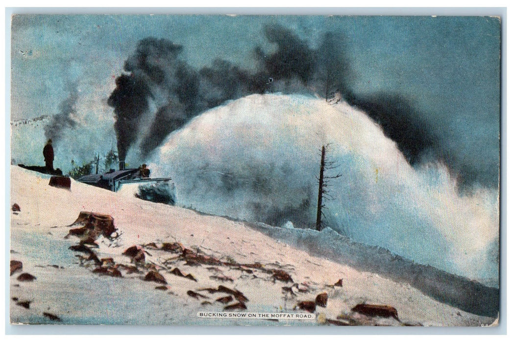 1916 Bucking Snow Smokestacks Train Personnel Moffat Road Colorado CO Postcard