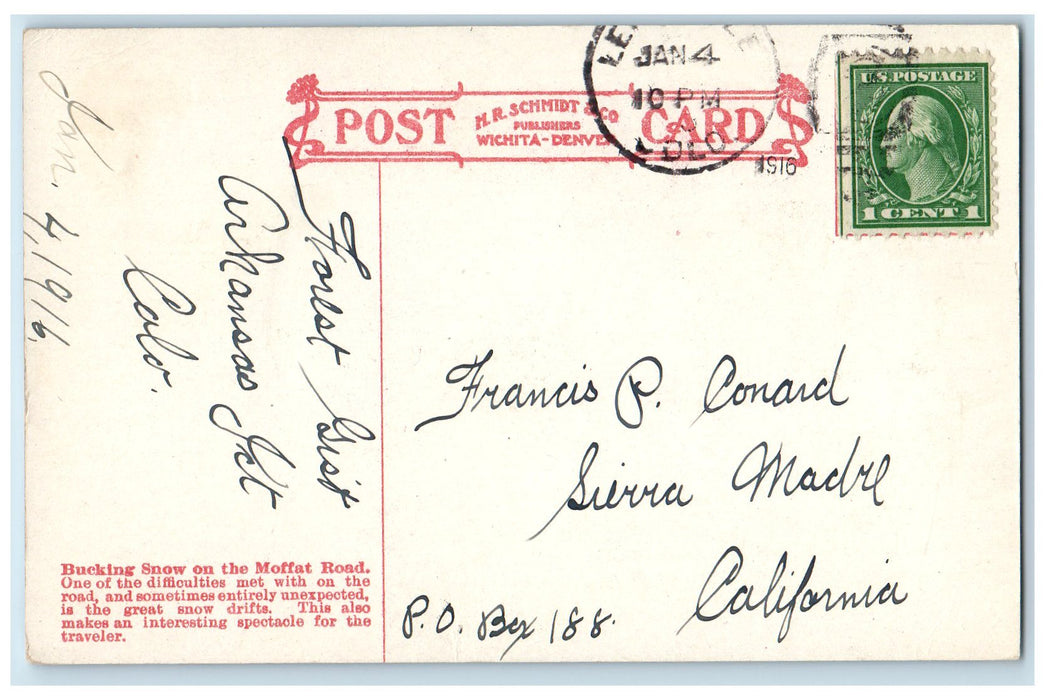 1916 Bucking Snow Smokestacks Train Personnel Moffat Road Colorado CO Postcard