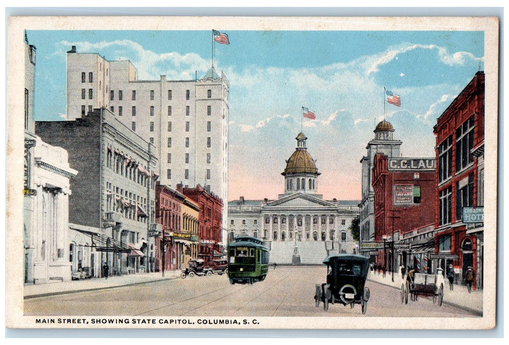 c1920's Main Street Showing State Capitol Columbia South Carolina SC Postcard