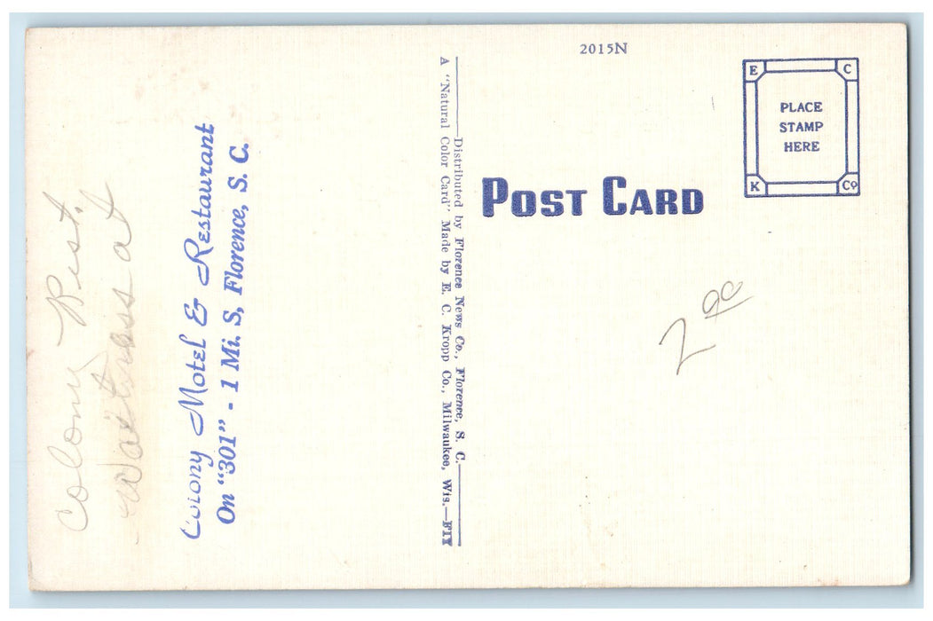 c1940's West Evans St. Main Business District Florence SC Restaurant Ad Postcard