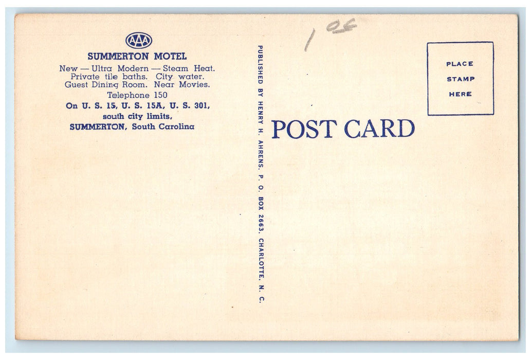 c1940's Summer Motel Roadside Home On The Road Summerton SC Unposted Postcard