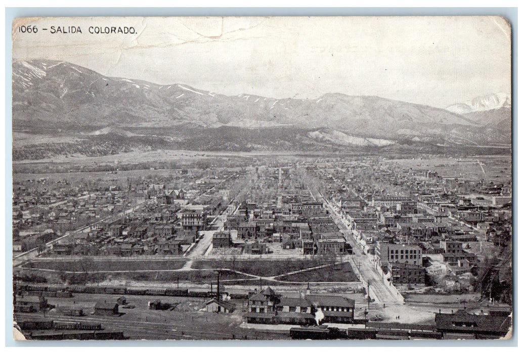 c1940 Salida Colorado Aerial View Building Dirt Roads Train Railroad CO Postcard