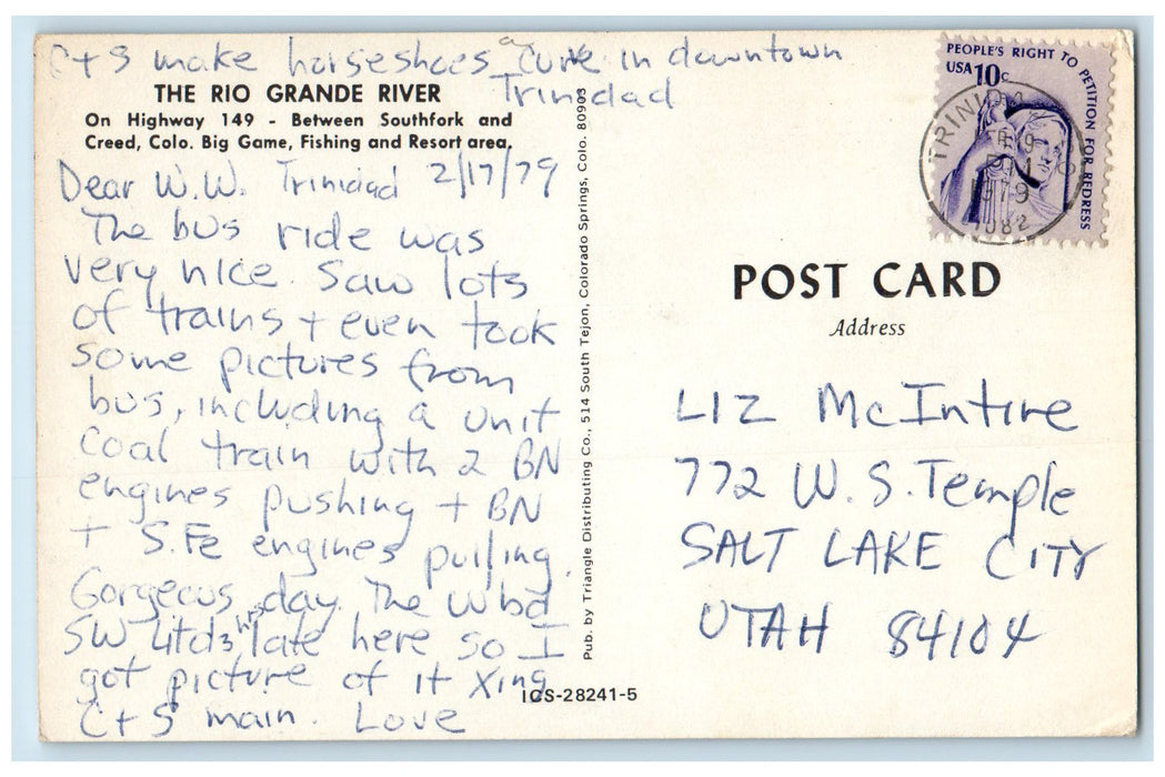 1979 Rio Grande River Railroad Grove Hills Mountains Creed Colorado CO Postcard