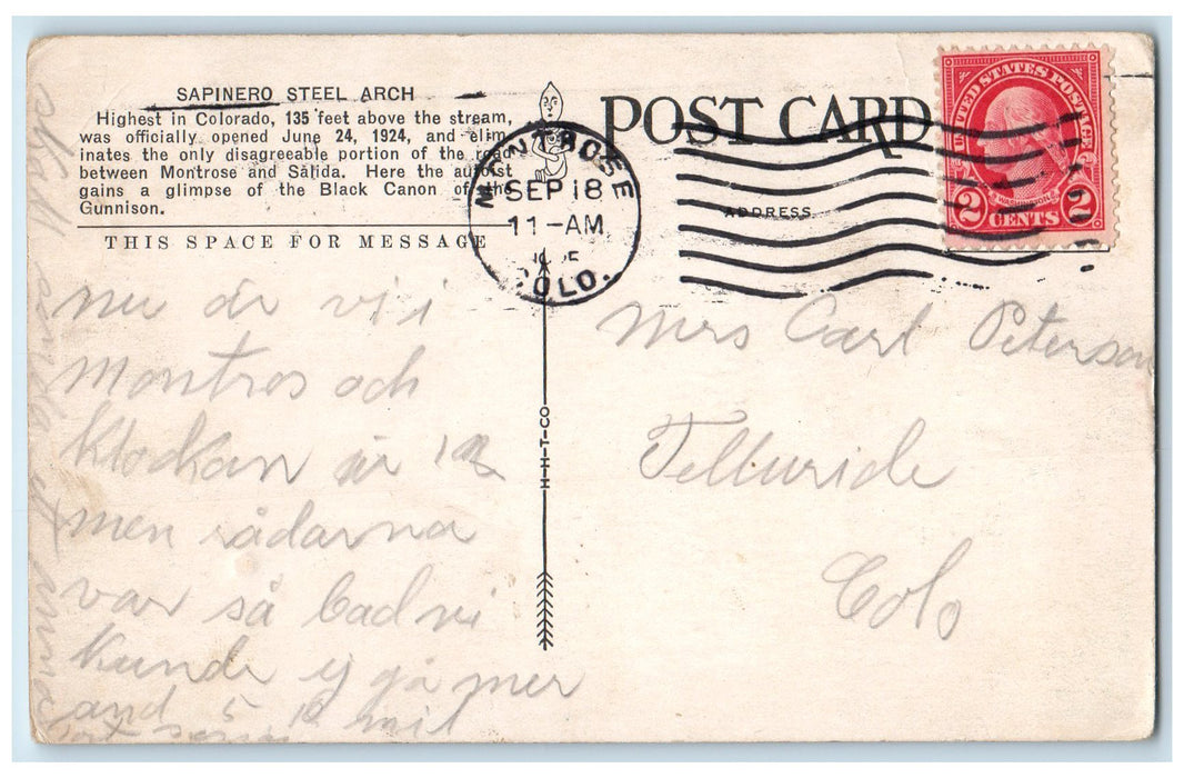 1905 Steel Arch Highest Bridge In Colorado Railroad Road Gunnison CO Postcard