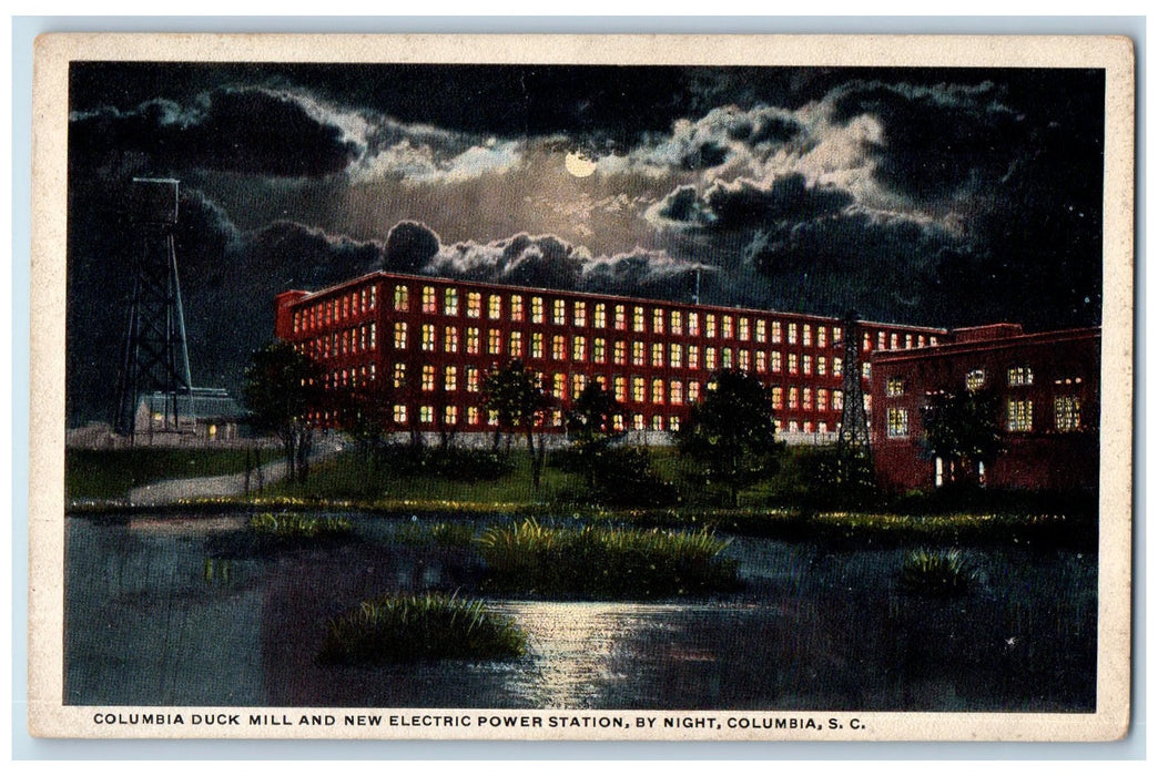 c1920's Columbia Duck Mill And New Electric Power Station By Night SC Postcard
