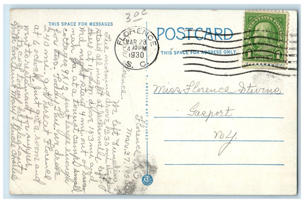 1930 City Public School Exterior View Florence South Carolina SC Posted Postcard